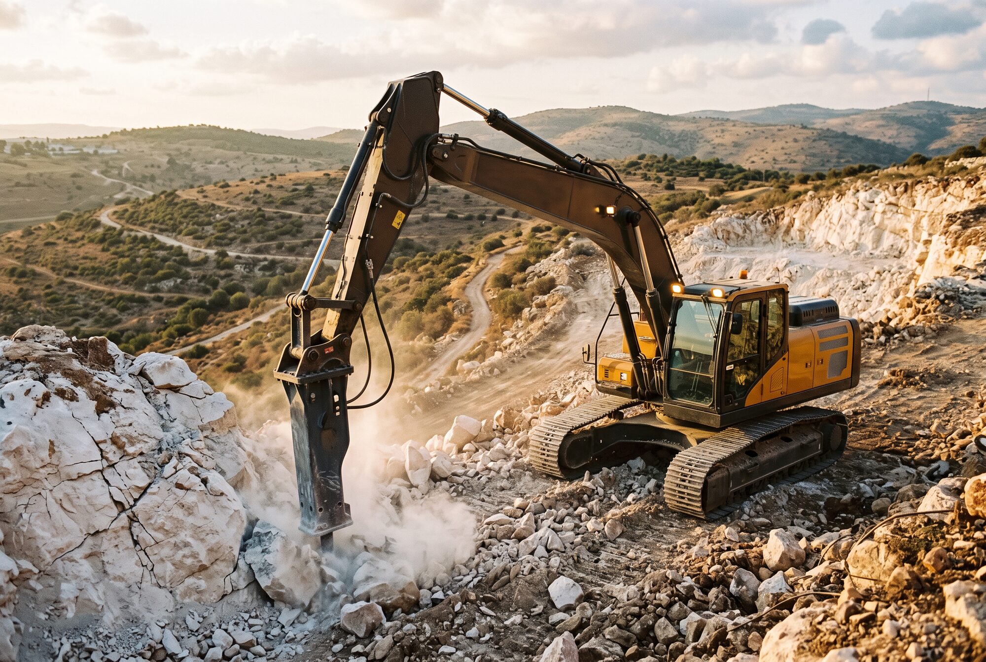 Excavator with hydraulic hammer breaking limestone