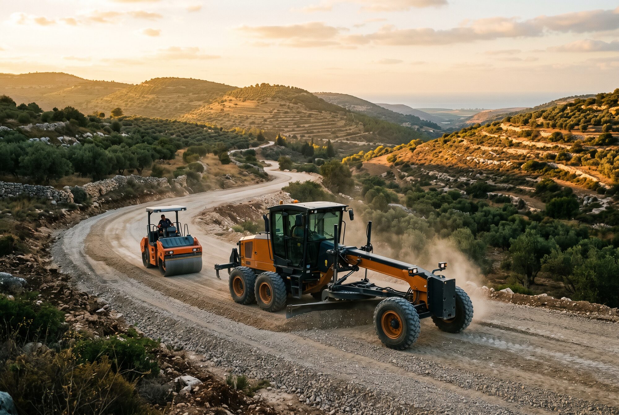 Motor grader shaping a road sub-base